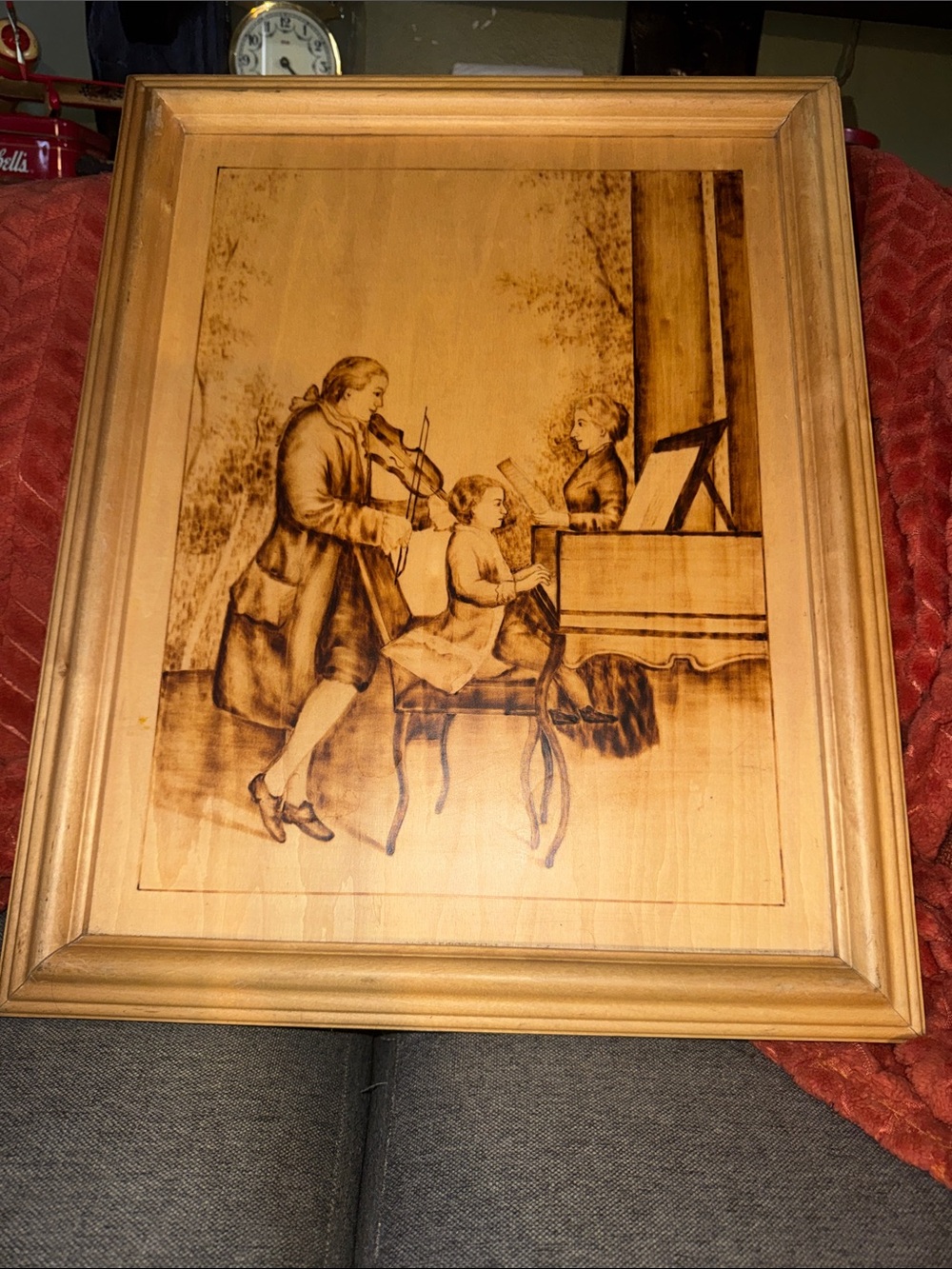 Vintage Pyrography Wood Burning Wall Art Family Music Lesson Classical Ensemble